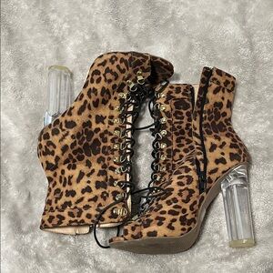 Leopard Print Ankle Boots with Clear Heels